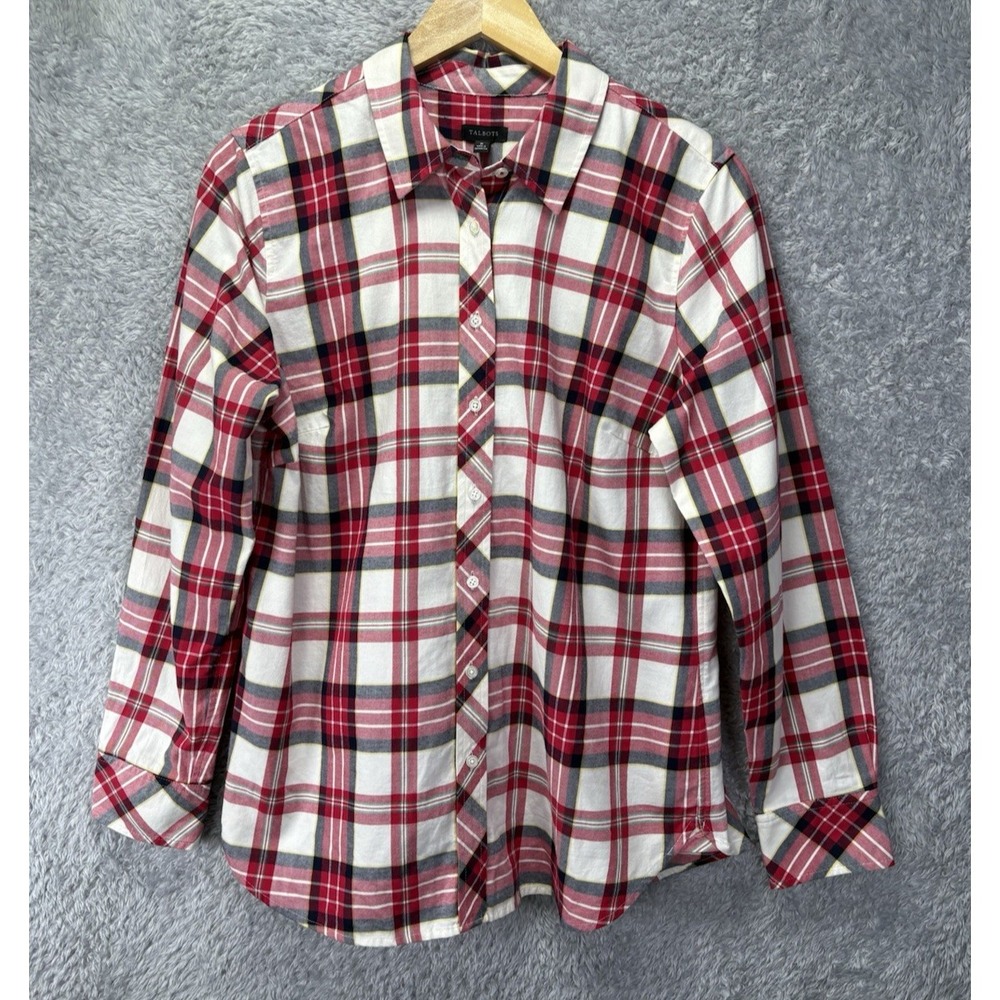 NEW Talbots Womens M Red Plaid Cotton Button Down Shirt Holiday Christmas